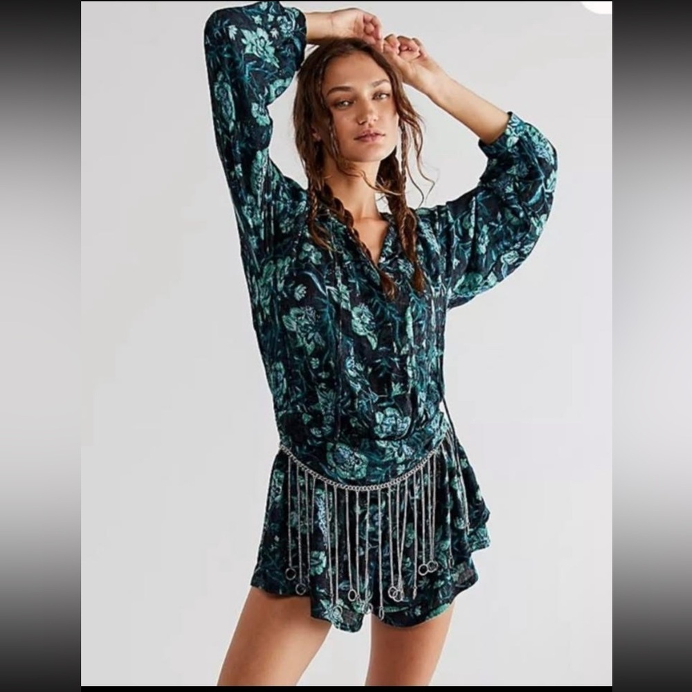 NEW! Free People Dance Til Dawn Womens Long Sleeve Shorts Romper Green Floral S